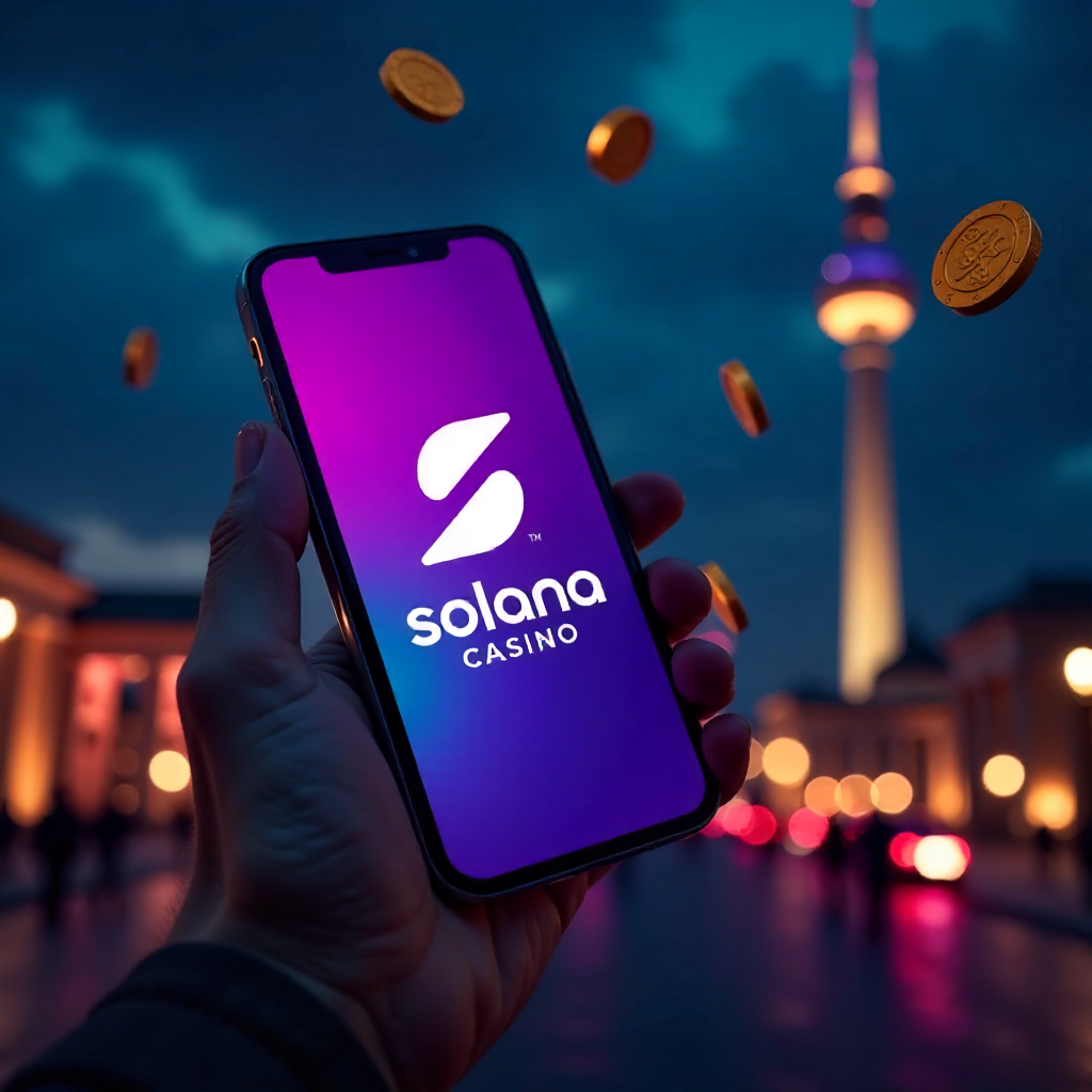 A hand holding a sleek futuristic smartphone displaying the official Solana Casino Germany app with a vibrant purple and cyan interface, background is the Berlin skyline with the Brandenburg Gate and TV Tower at night, 3D Solana logo coins and golden poke